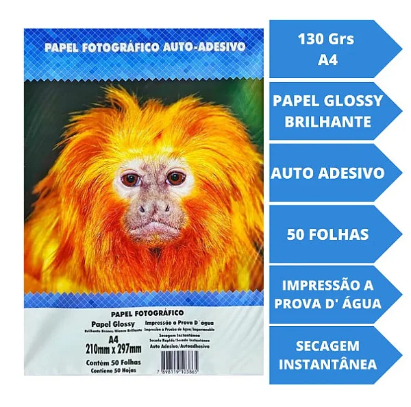 Papel Fotográfico, A4, Glossy, Adesivo 130 g com 50 folhas, Masterprint,