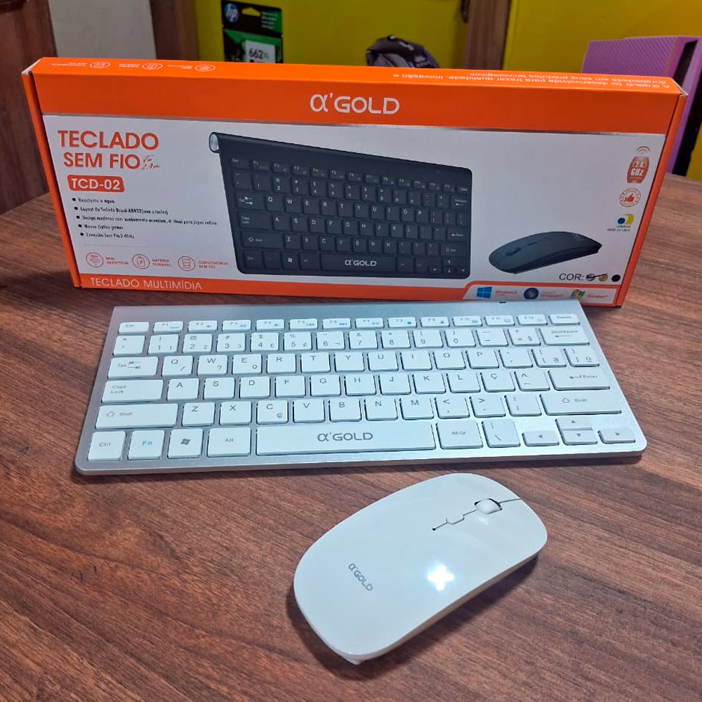 Kit Teclado e Mouse sem fio Gold - Branco
